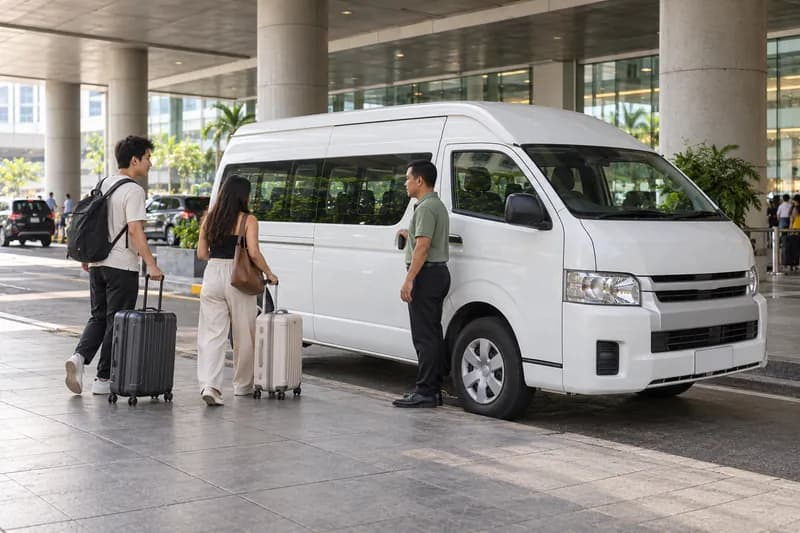 Travellers with suitcases approaching a white van at a covered airport curb